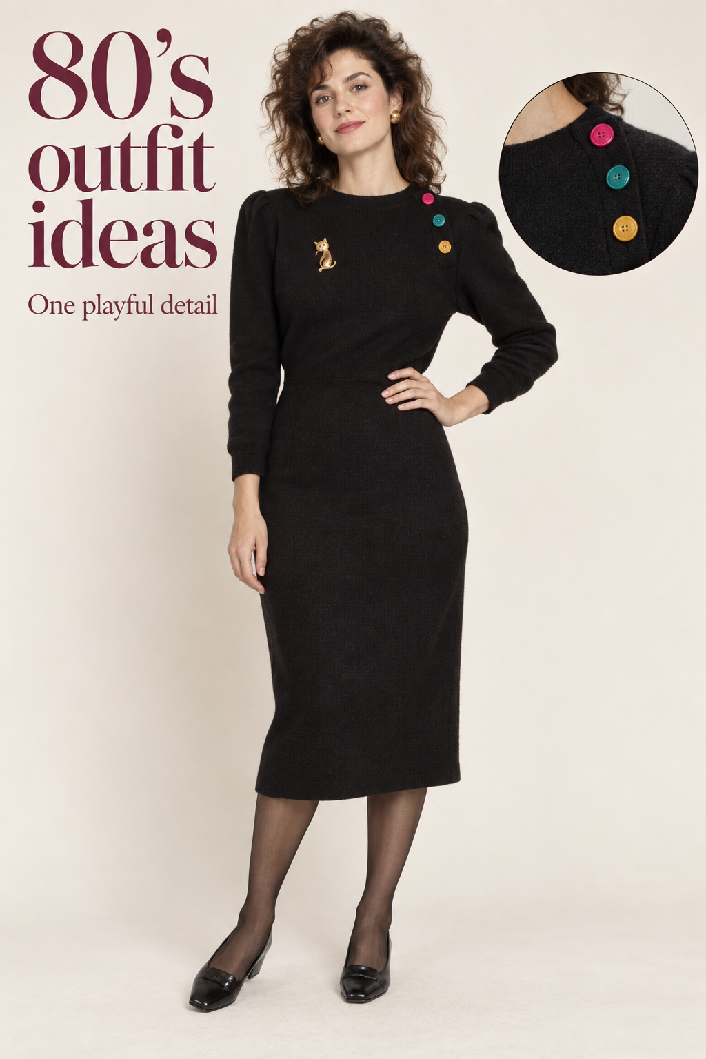80’s outfit ideas black knit dress with colorful buttons and close-up shoulder detail