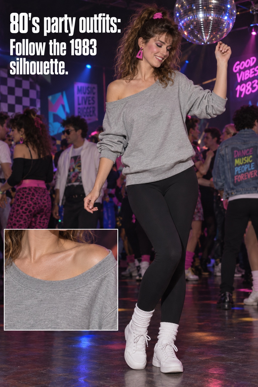 80's party outfits dancewear reference with a relaxed sweatshirt and leggings
