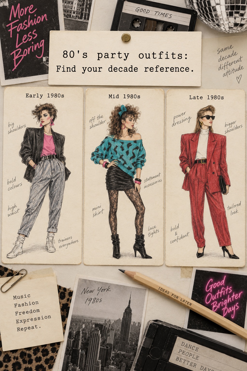 80's party outfits mood board comparing early, mid, and late decade references