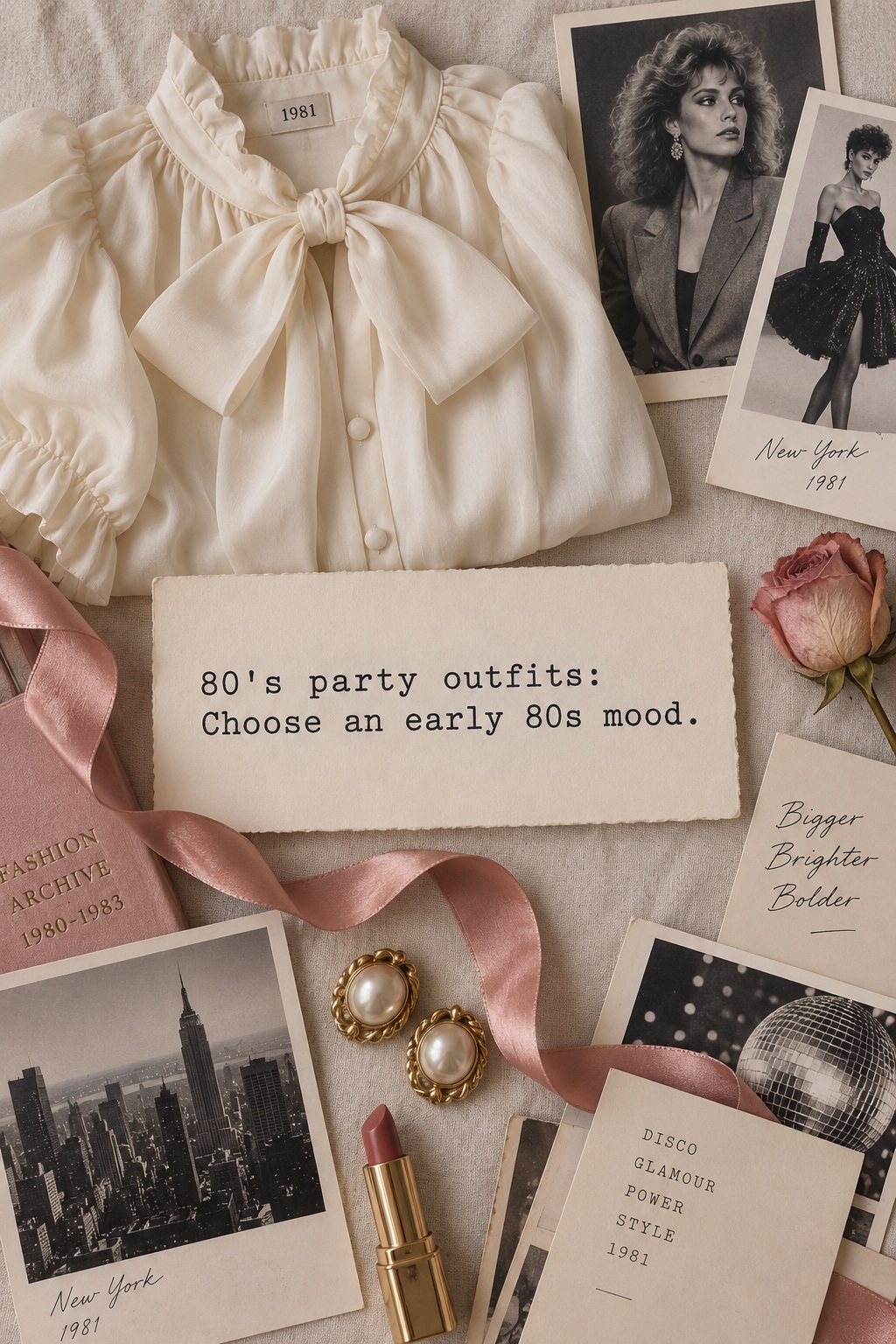 80's party outfits flat lay with an early 1980s romantic blouse and ribbon