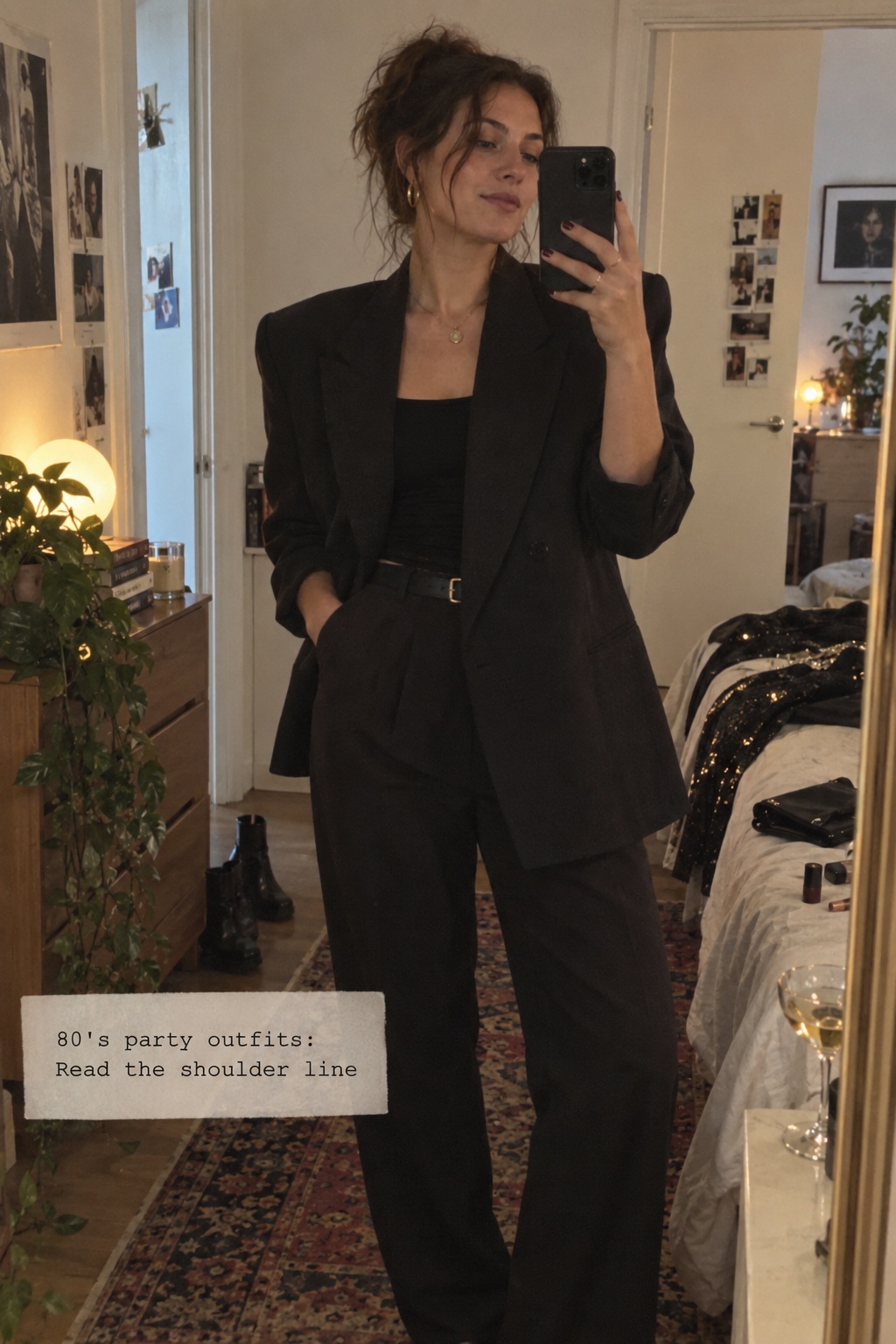 80's party outfits UGC-style mirror photo of a structured shoulder blazer