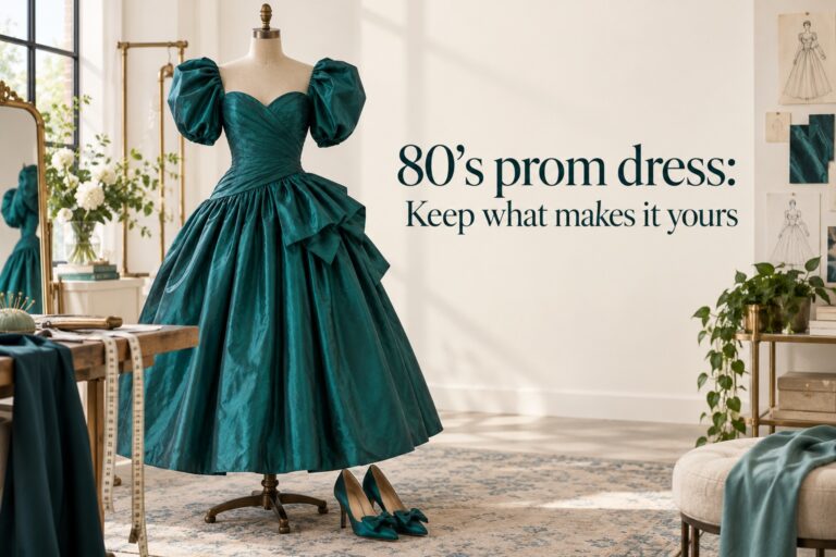 Teal 80’s prom dress on a form in a tailoring studio with shoes and measuring tape