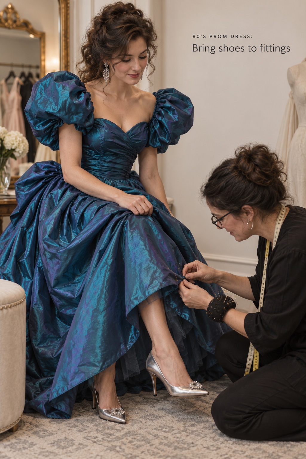 80’s prom dress hem fitting with the wearer’s formal shoes in a tailor studio