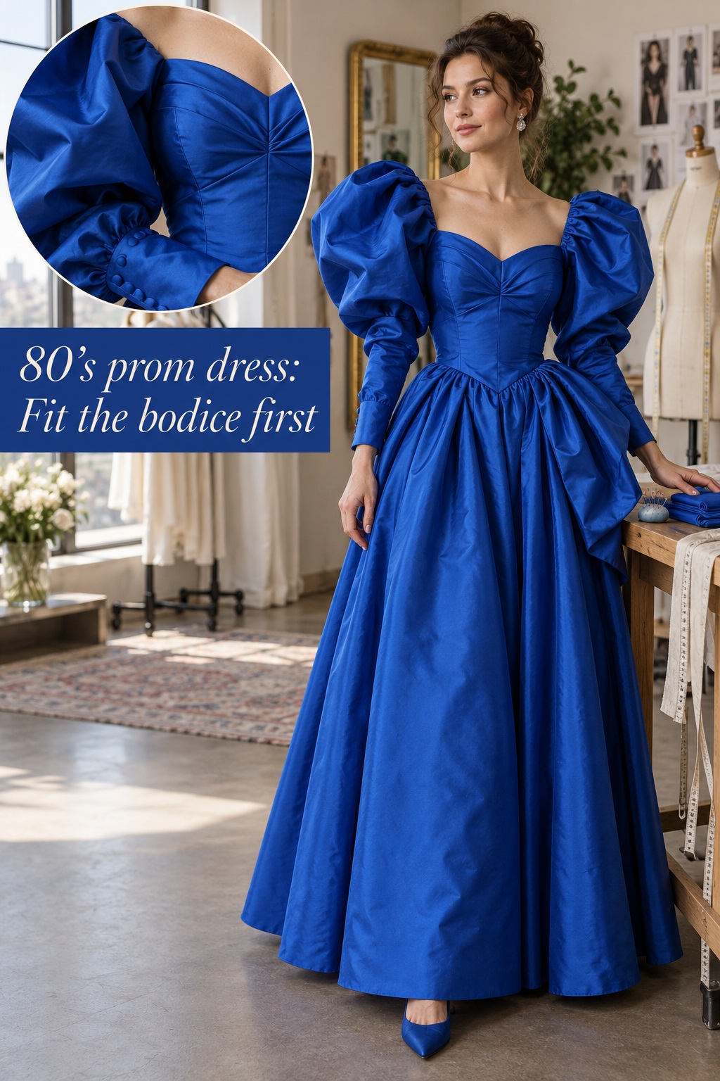 80’s prom dress full outfit with close detail of a structured bodice and sleeve