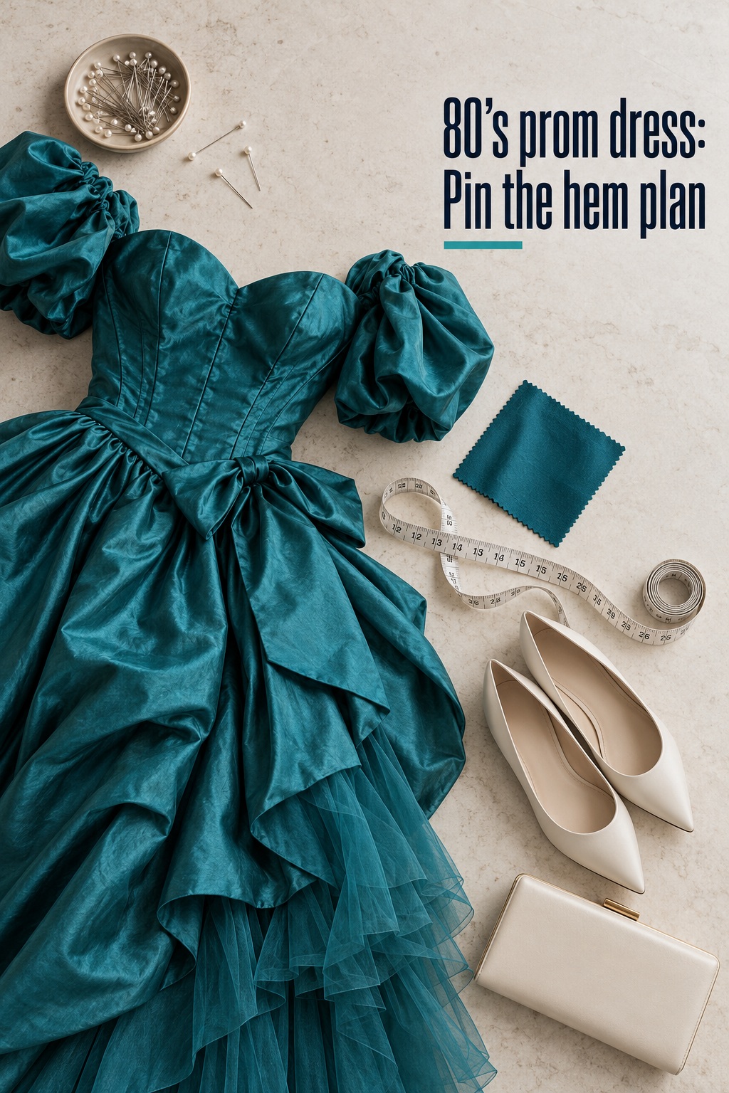 80’s prom dress laid flat with pins, shoes, and a tape measure for hem planning