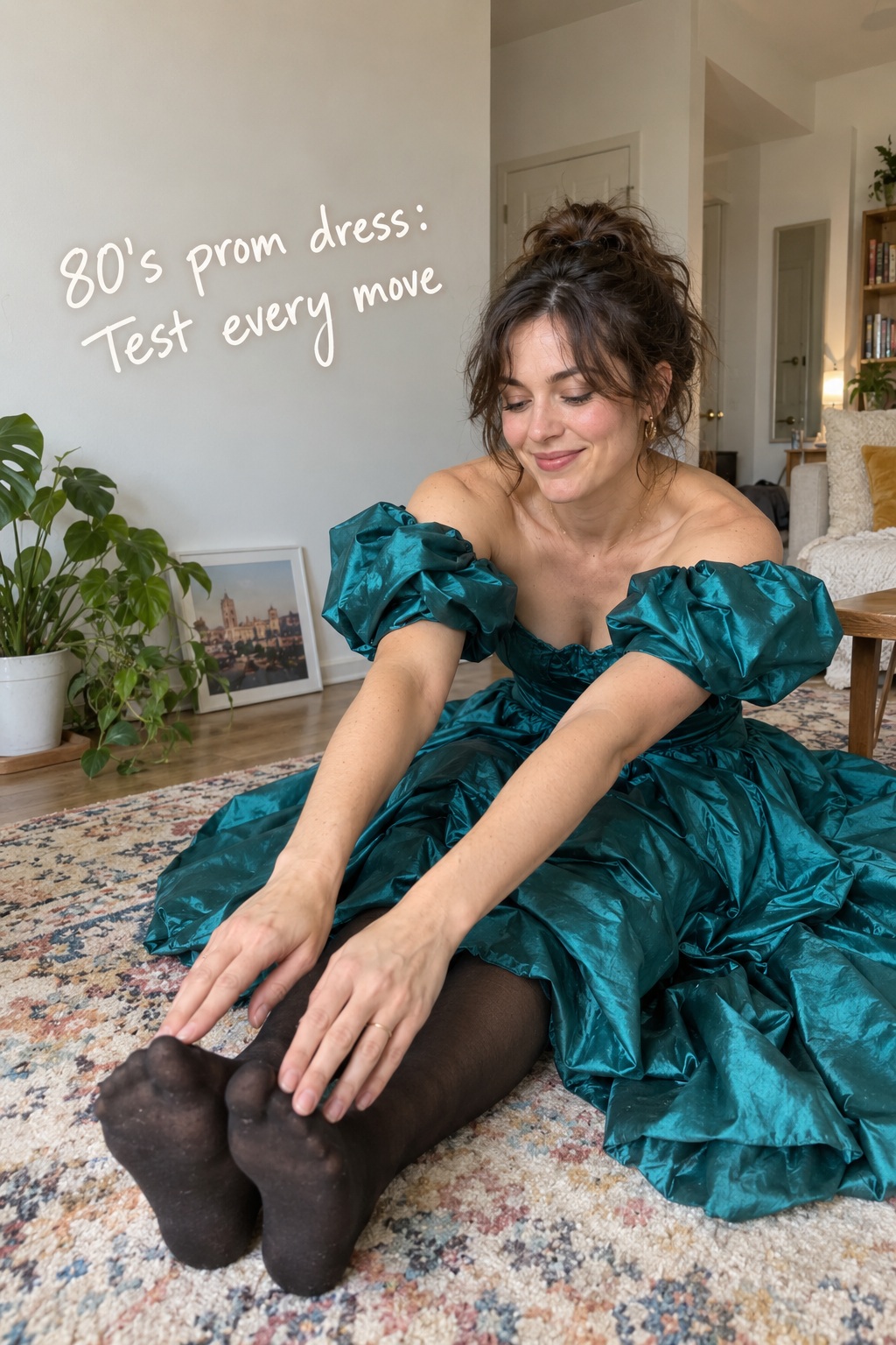 80’s prom dress wearer checks comfortable movement while seated at home
