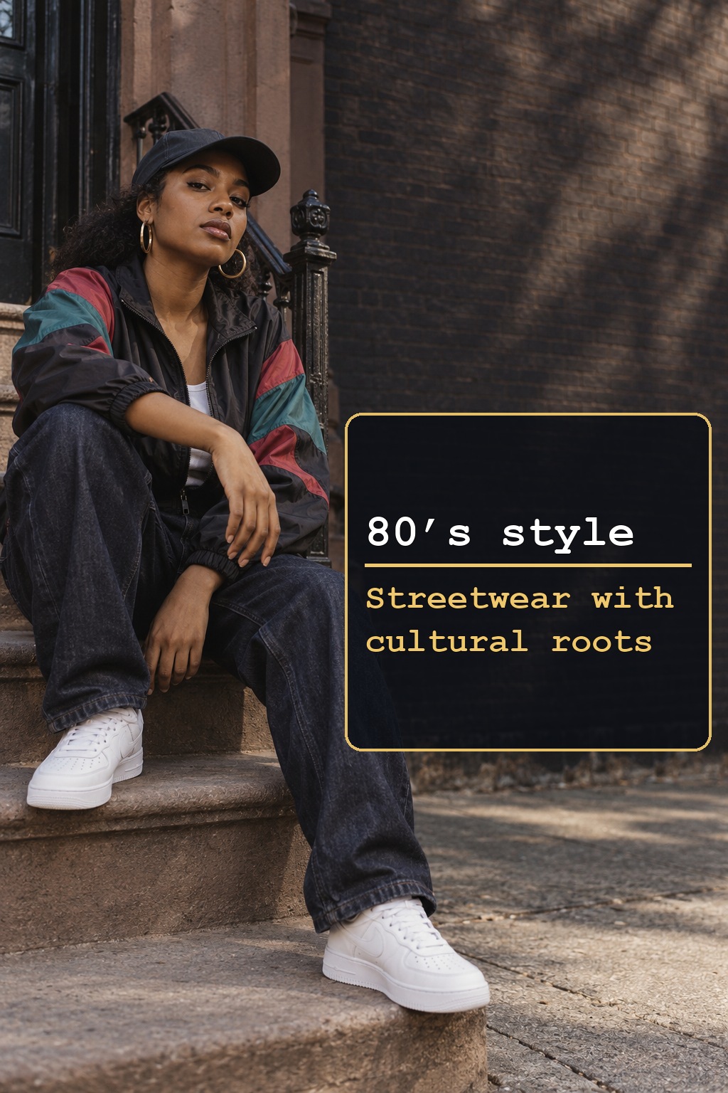 80’s style hip-hop streetwear with a color-block jacket, cap and sneakers