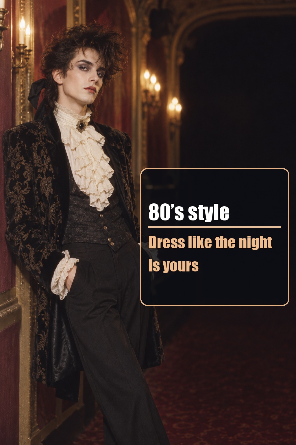 80’s style New Romantic look with a ruffled blouse and dramatic dark layers