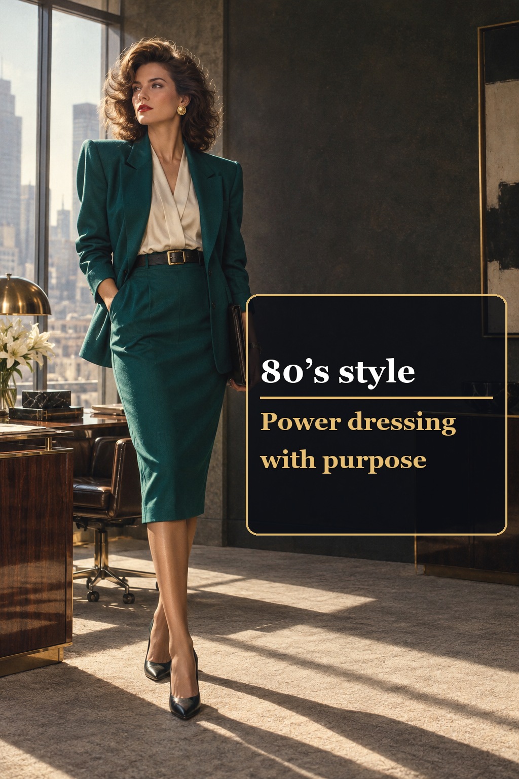 80’s style power dressing with a tailored teal suit and defined shoulders