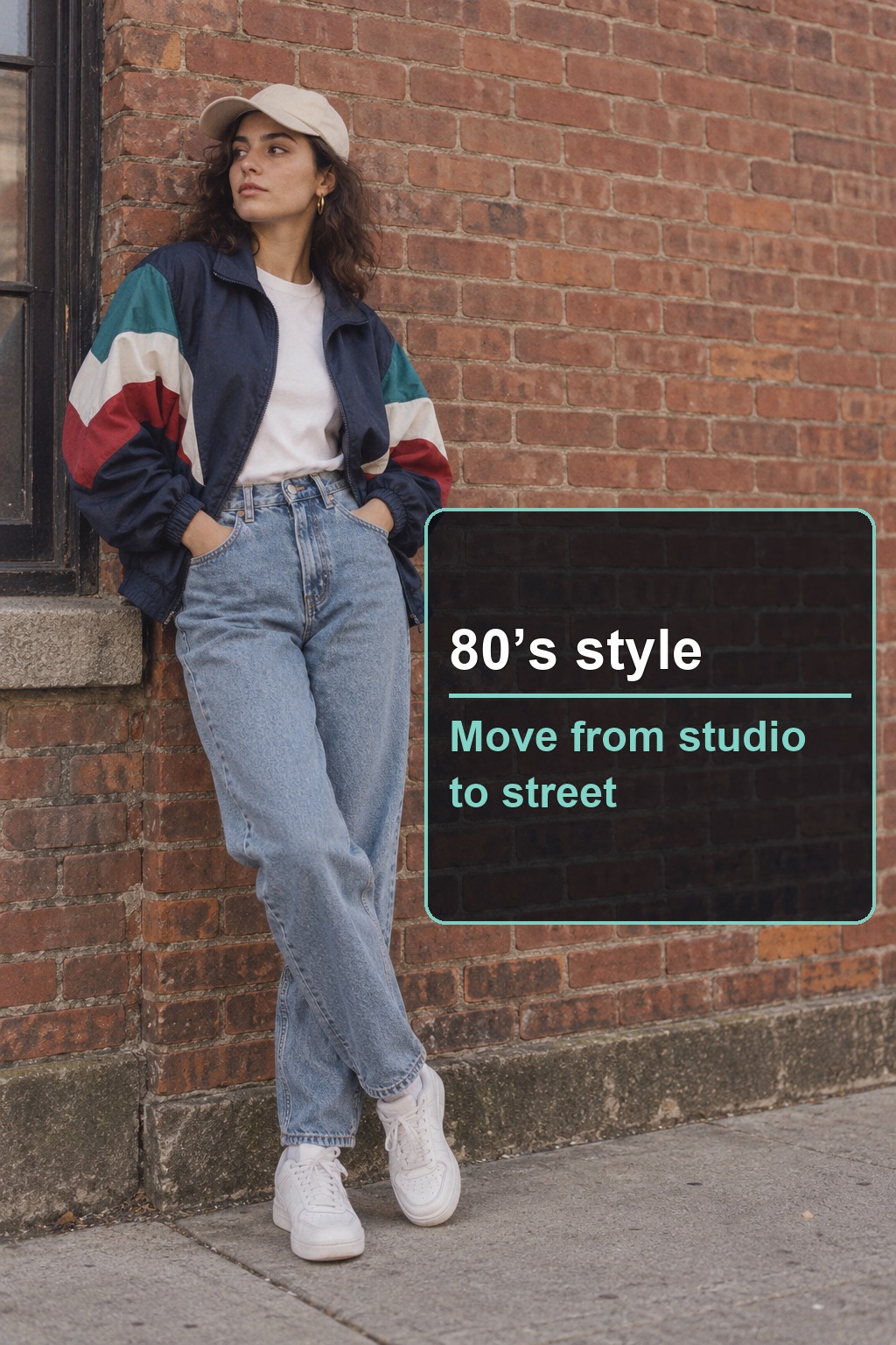 80’s style sportswear with a color-block track jacket and relaxed denim