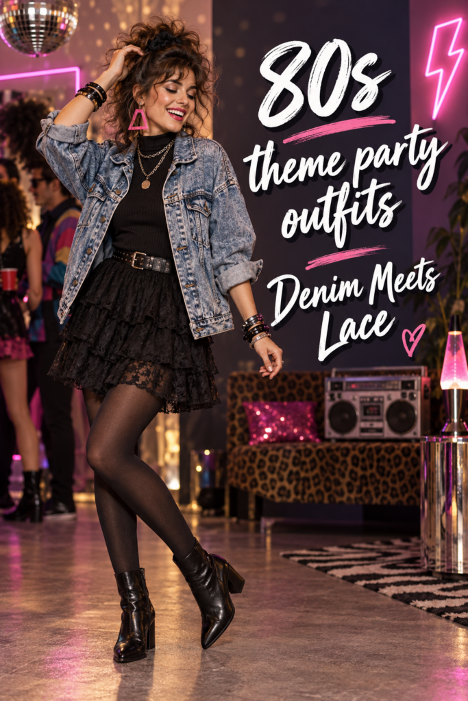 80s theme party outfit pairing an acid-wash denim jacket with a black layered skirt and retro accessories