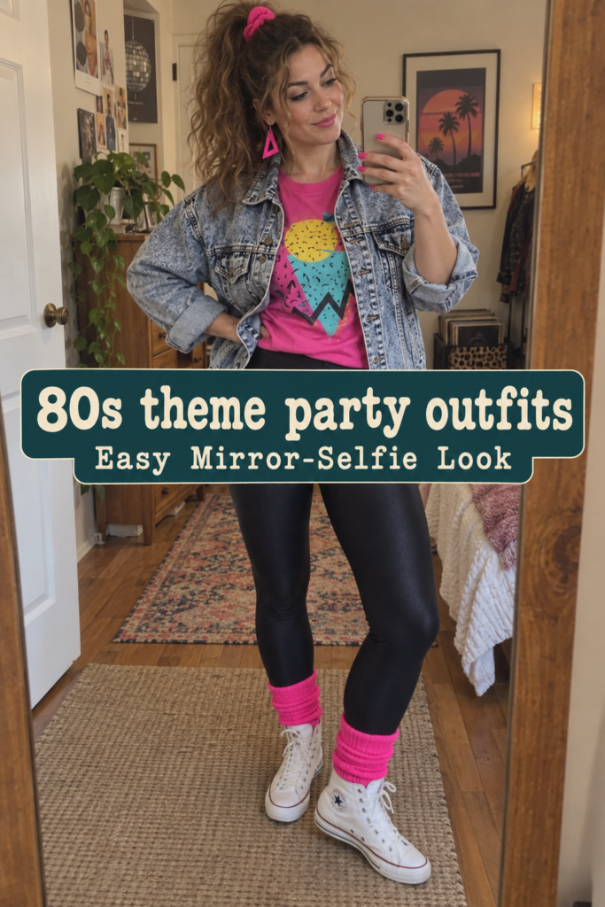 Candid 80s theme party outfit with acid-wash denim, bright tee, leggings, leg warmers and high-tops