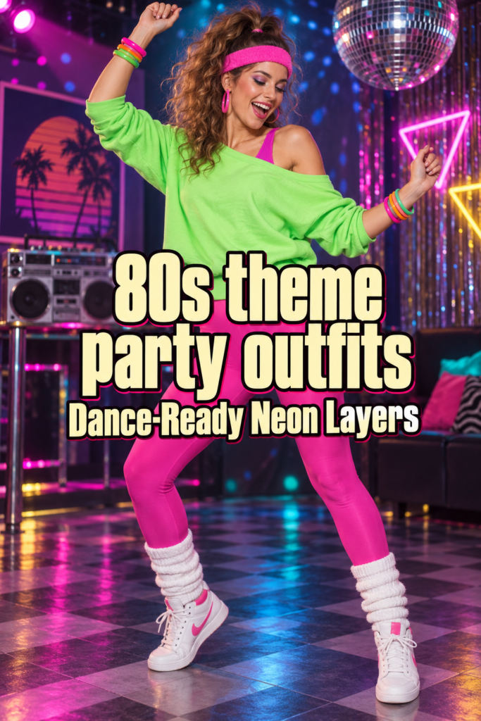 80s theme party outfit with neon pink leggings, green sweatshirt, white leg warmers and high-top sneakers