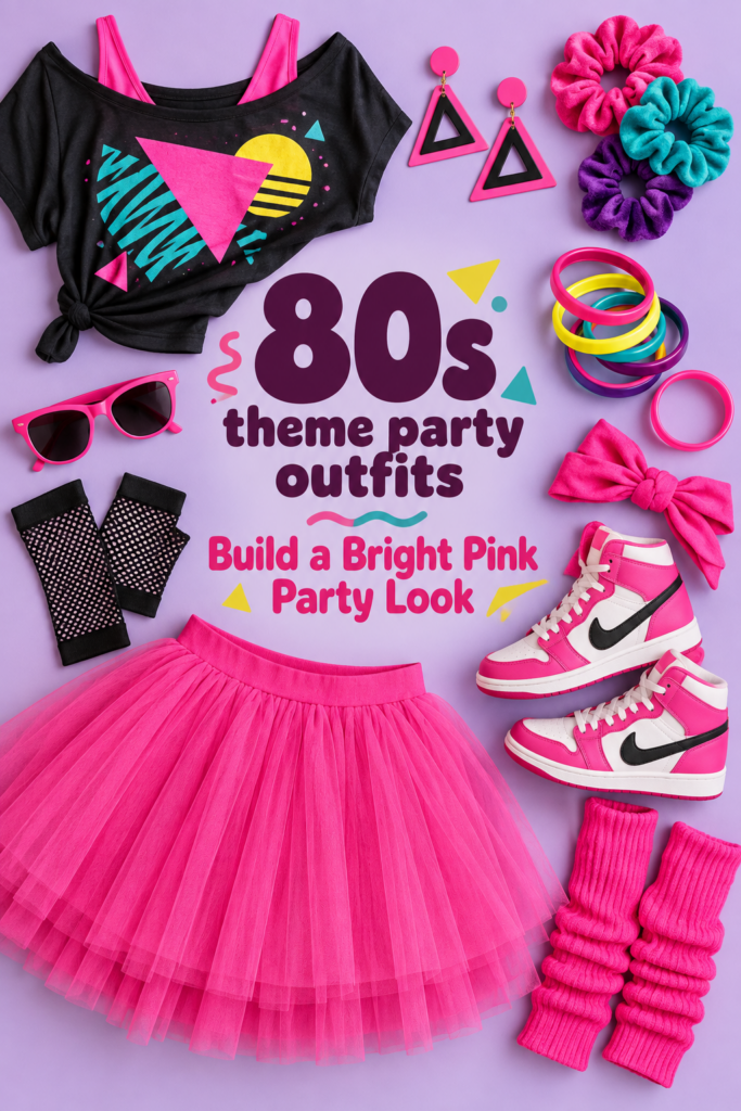 Pink 80s party outfit flat lay with tulle skirt, graphic top, scrunchies, bangles and high-top sneakers
