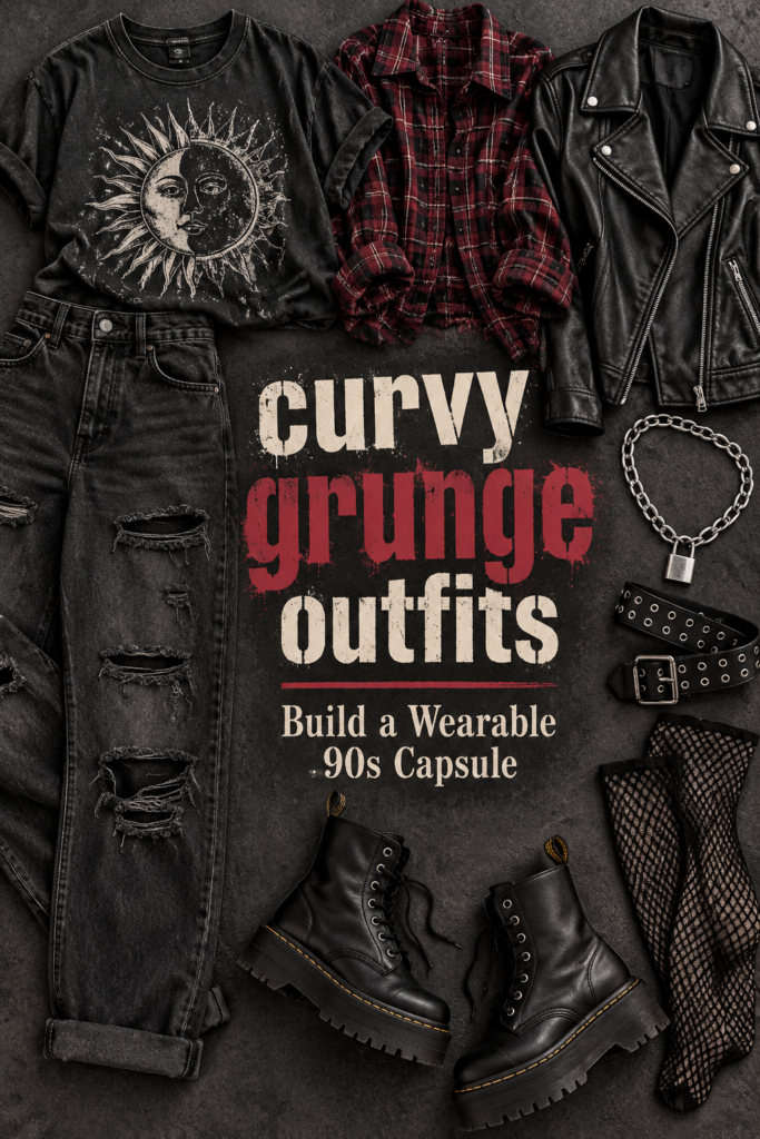 Grunge capsule flat lay with black distressed denim, graphic tee, plaid shirt, faux leather jacket and combat boots