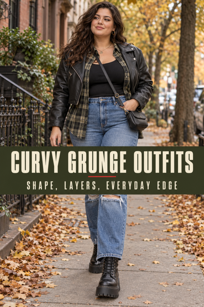 Curvy grunge outfit with high-waisted distressed jeans, black top, plaid flannel, leather jacket and platform boots