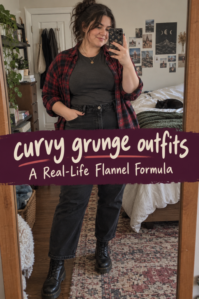 Candid curvy grunge look with black jeans, charcoal tee, red plaid shirt and combat boots