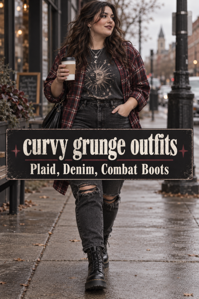 Curvy grunge outfit with distressed black jeans, graphic tee, burgundy plaid flannel and combat boots