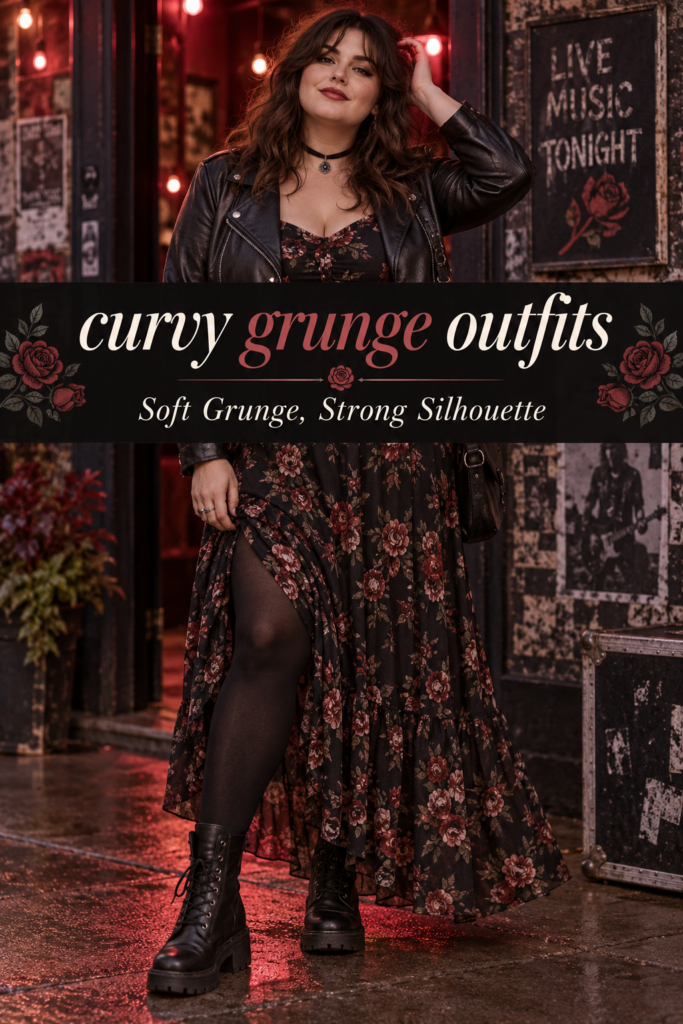 Soft grunge outfit with floral black maxi dress, cropped faux leather jacket, tights and combat boots