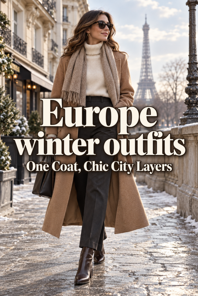 Europe winter outfit with a camel wool coat, cream turtleneck, tailored trousers and leather ankle boots