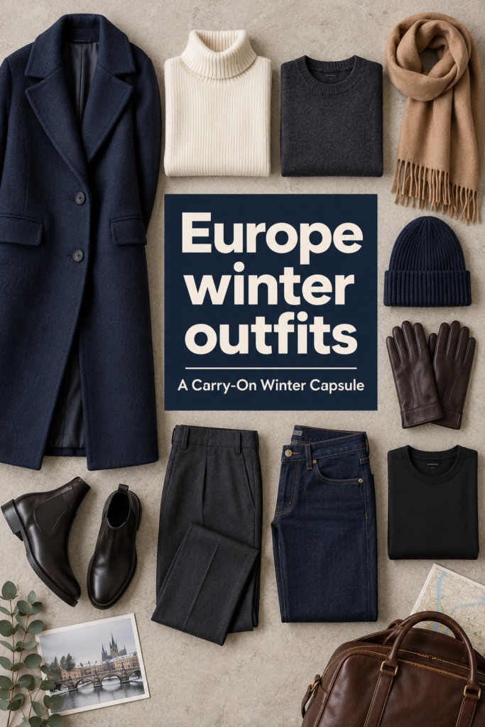 European winter travel capsule flat lay with navy coat, sweaters, trousers, boots, scarf, hat and gloves