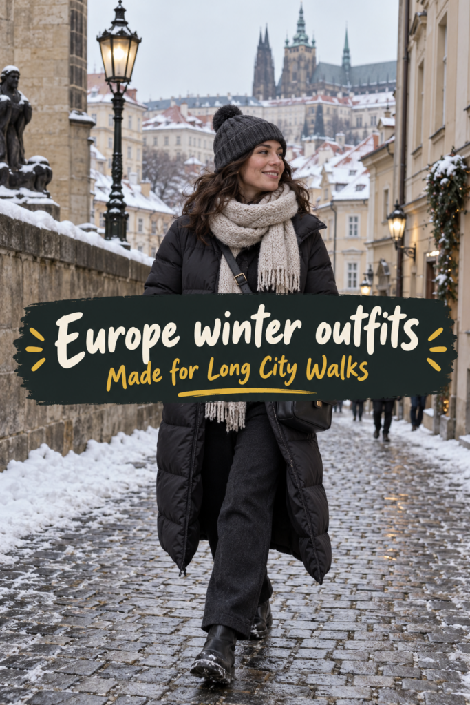 Candid winter travel outfit with a charcoal puffer, warm scarf, knit hat and supportive boots on a snowy street