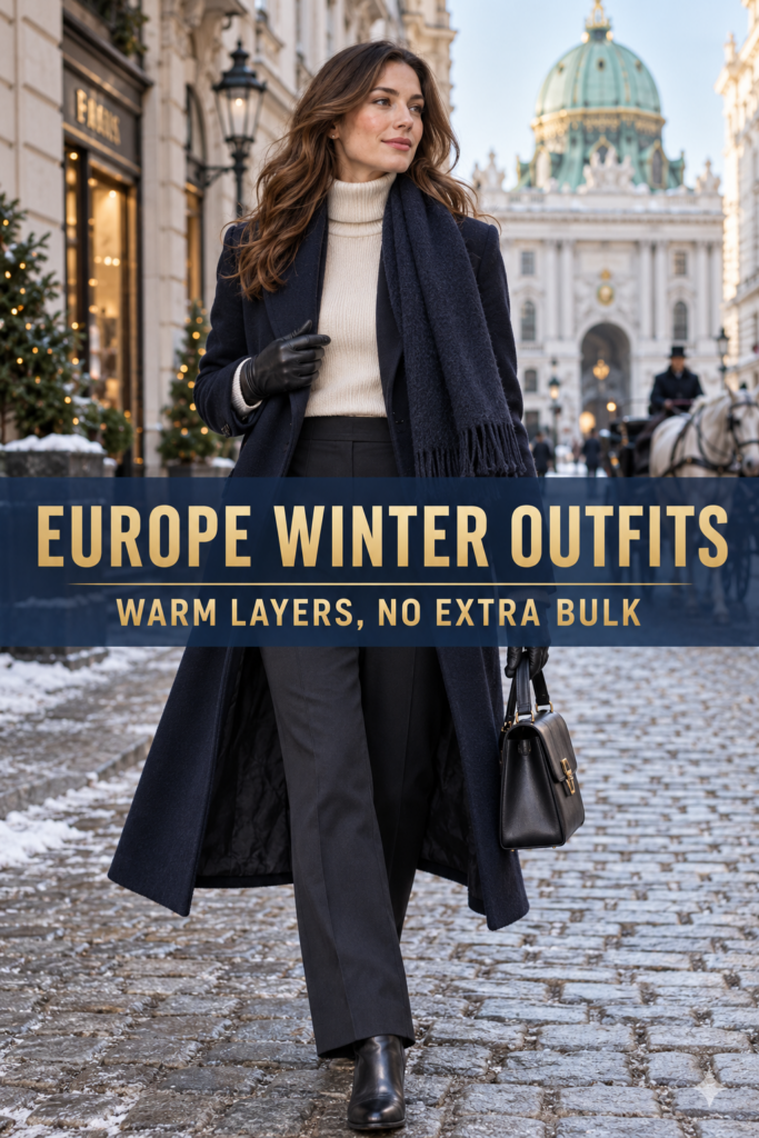 Europe winter outfit layering a navy wool coat over a cream turtleneck with scarf, gloves and trousers