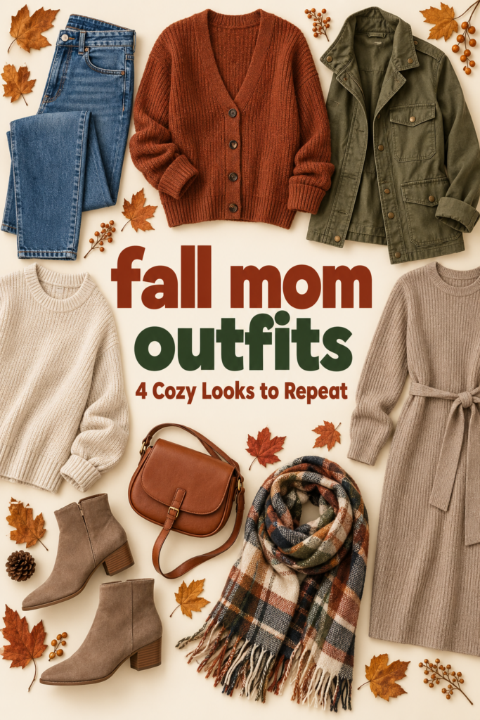 Fall mom outfit capsule flat lay with denim, rust cardigan, olive jacket, sweaters, boots and scarf