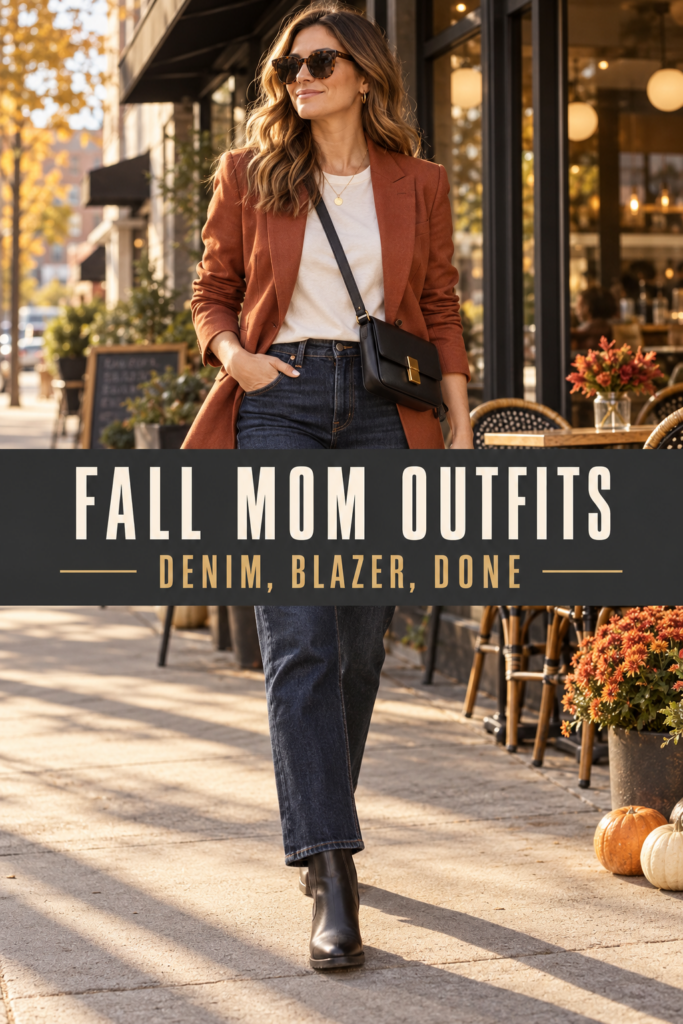 Fall mom outfit with dark denim, cream tee, rust blazer, crossbody bag and Chelsea boots