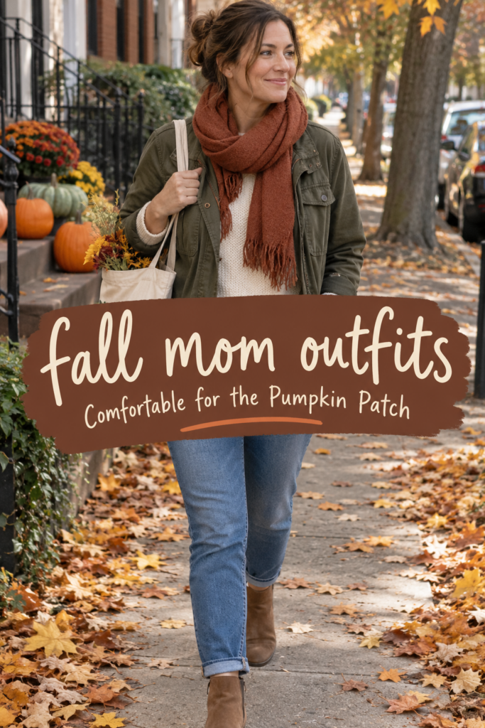 Candid fall mom outfit with olive utility jacket, cream knit, rust scarf, jeans and ankle boots