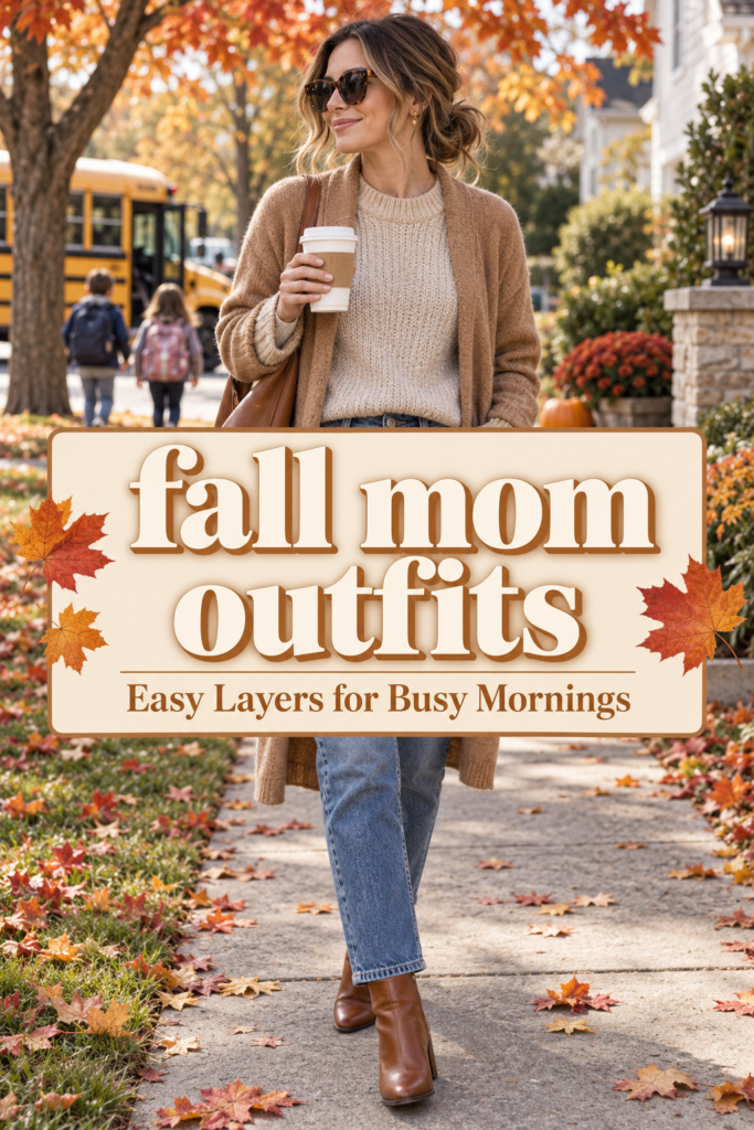 Fall mom outfit with straight-leg jeans, an oatmeal knit, camel cardigan and cognac ankle boots