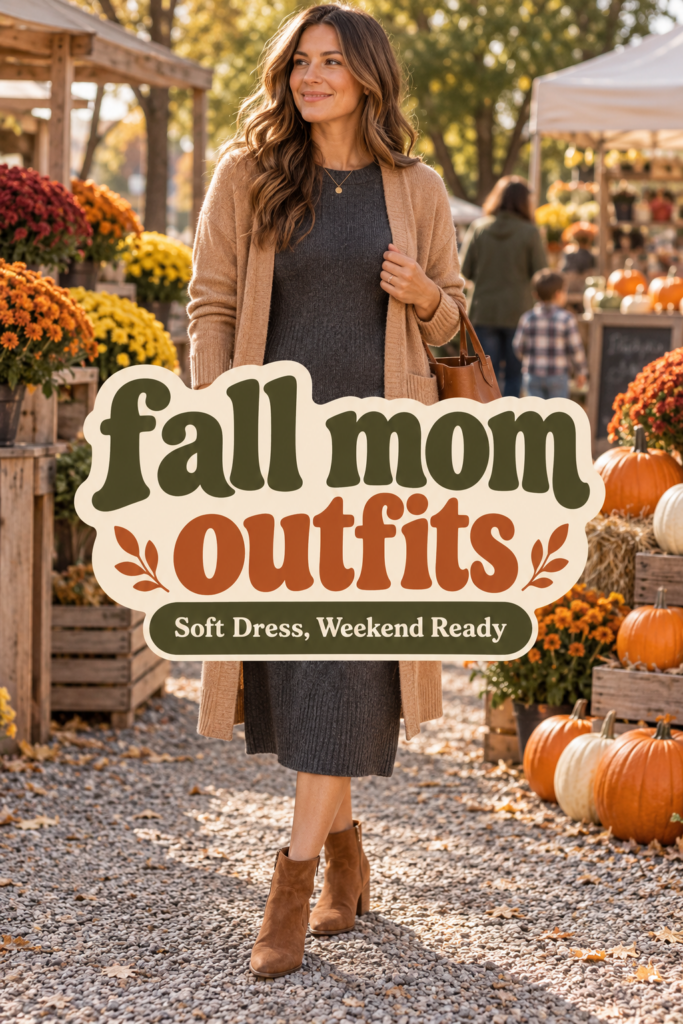 Fall mom outfit with charcoal midi sweater dress, camel cardigan, cognac ankle boots and tote