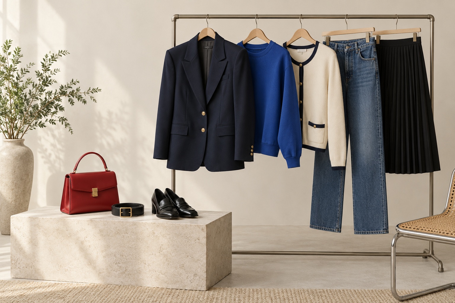 80’s aesthetic outfits capsule wardrobe with a navy blazer, cobalt sweatshirt, cardigan, denim, and skirt