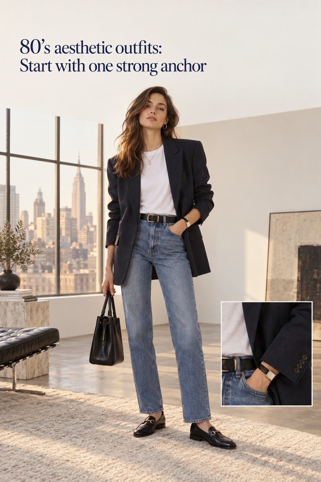 80’s aesthetic outfits with a navy blazer, straight jeans, and close-up cuff detail