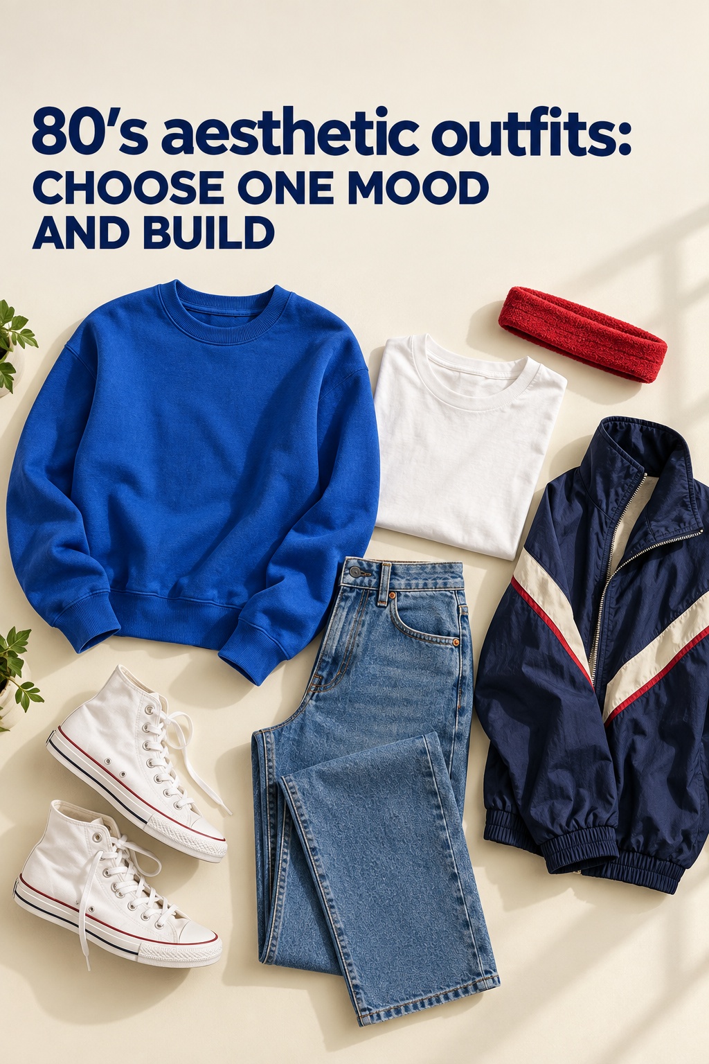 80’s aesthetic outfits capsule flat lay with cobalt sweatshirt, track jacket, jeans, and high-tops