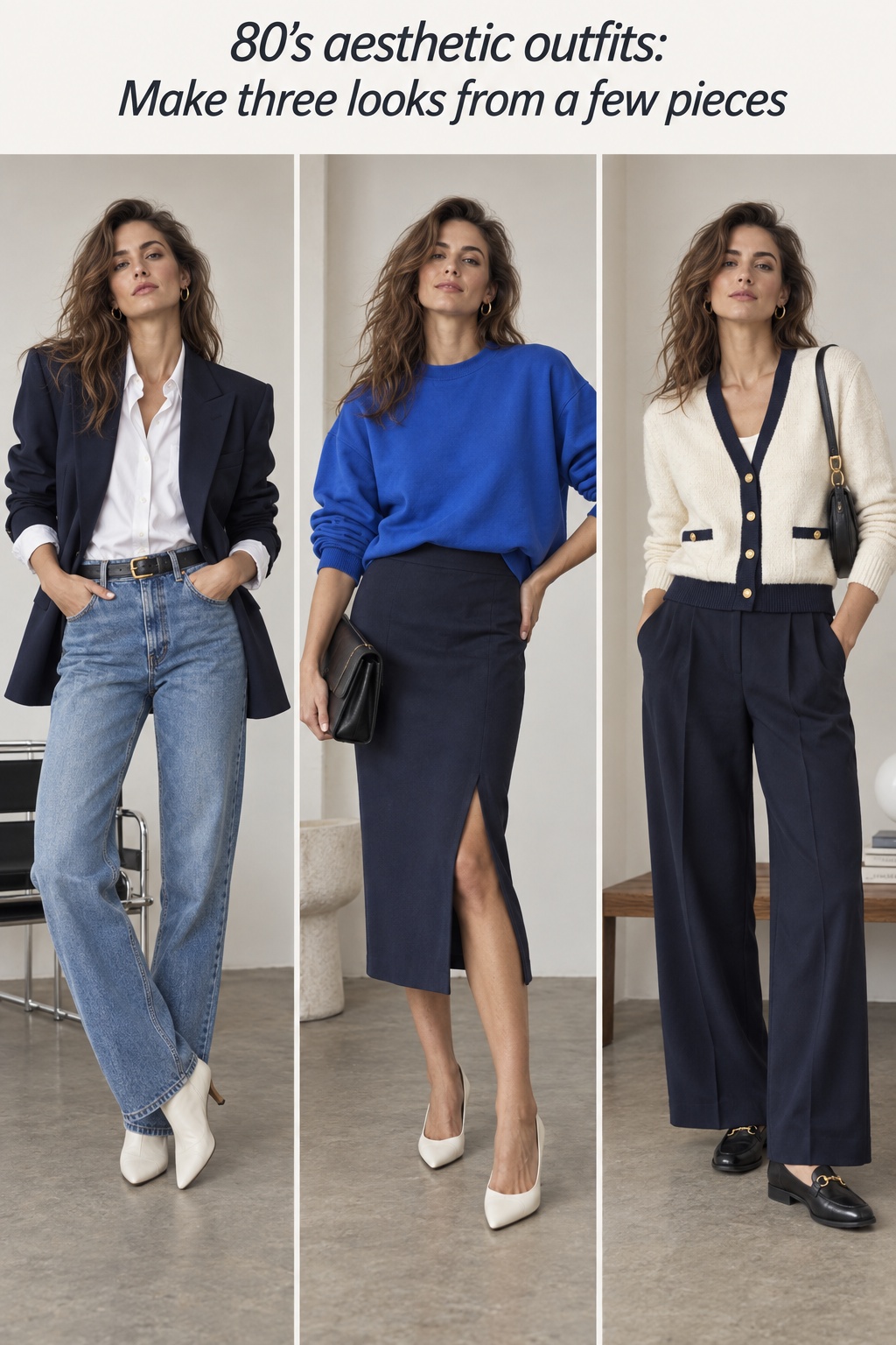 80’s aesthetic outfits shown in three combinations using a blazer, sweatshirt, cardigan, and basics