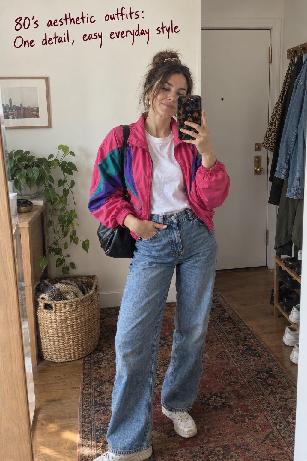 80’s aesthetic outfits in a candid mirror look with bright track jacket and relaxed jeans