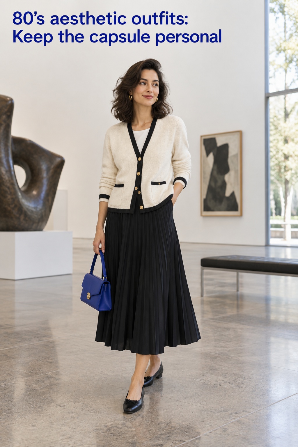 80’s aesthetic outfits with a neat cardigan, pleated skirt, and cobalt accessory