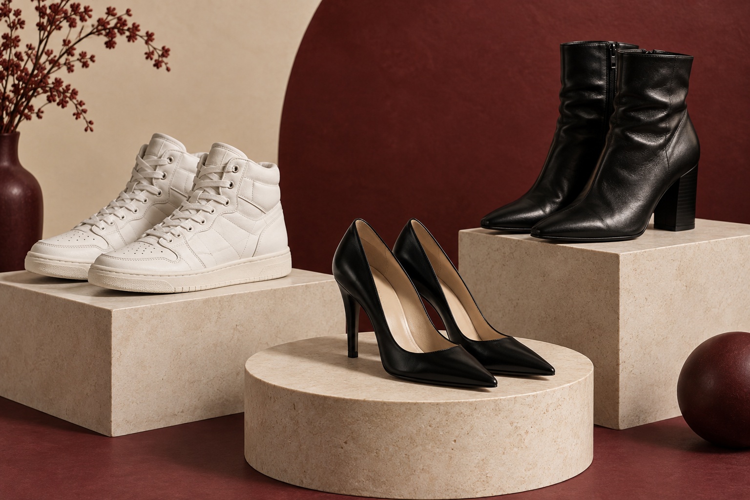 80’s shoes high-top sneakers, pointed pumps, and ankle boots in a fashion editorial still life