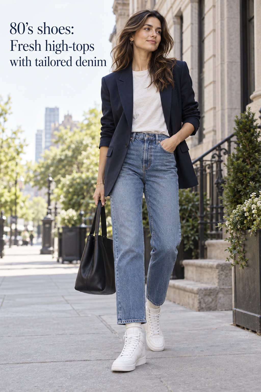 80’s shoes white high-top sneakers styled with a tailored blazer and straight denim