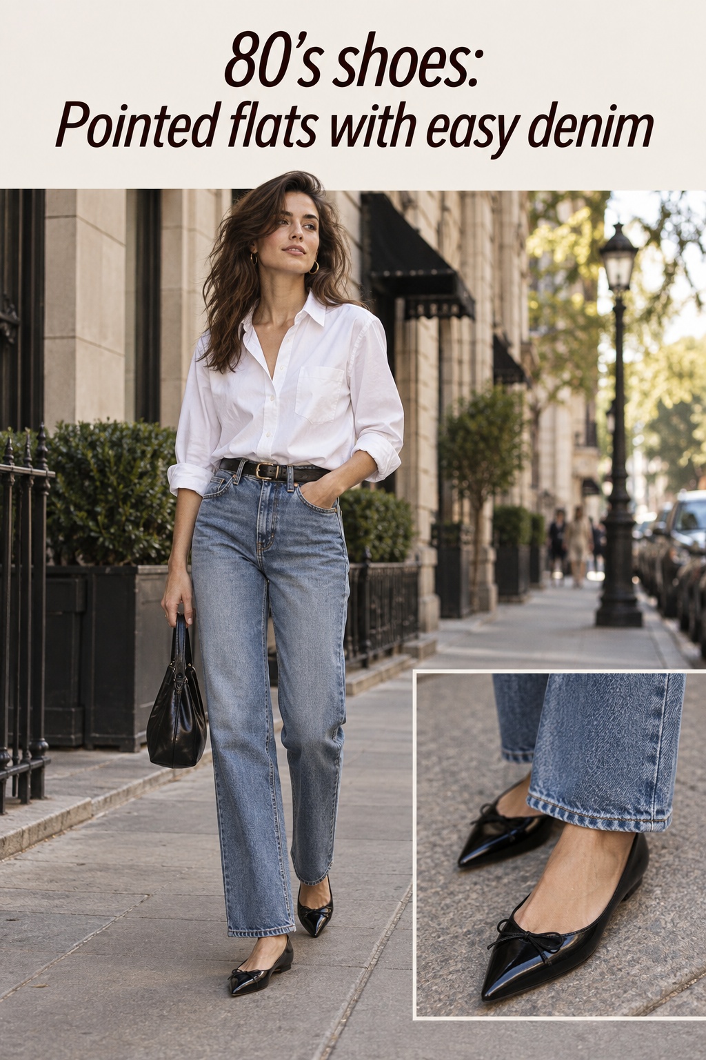 80’s shoes pointed black flats with relaxed straight-leg denim and white shirt
