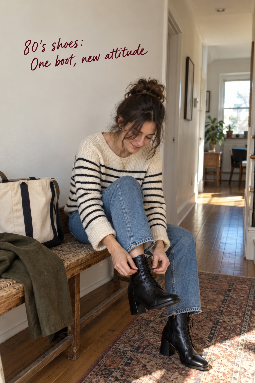 80’s shoes black ankle boots paired with striped sweater and relaxed denim