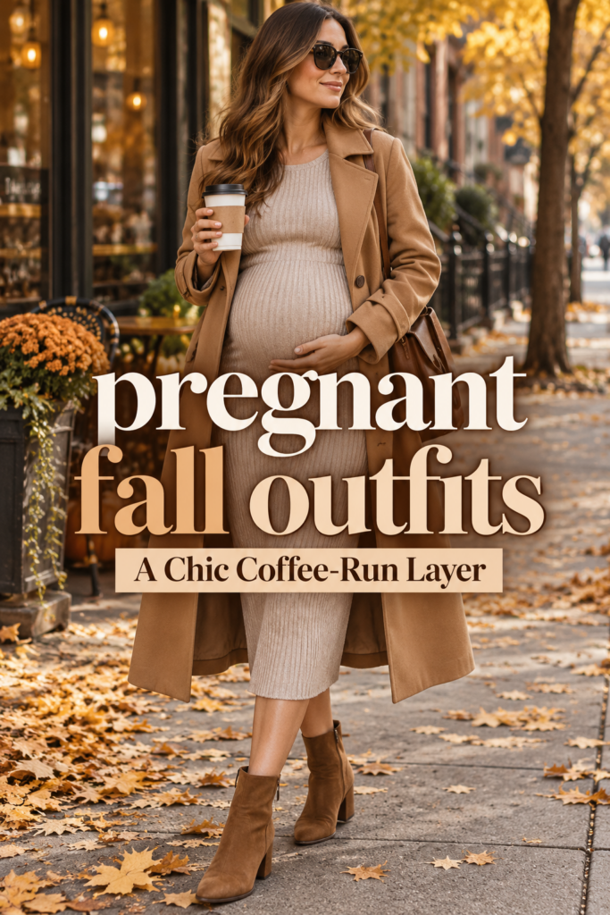 Pregnant fall outfit with a camel trench coat over a ribbed knit midi dress and ankle boots