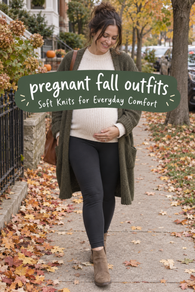 Candid pregnant fall outfit with a cream sweater, olive cardigan, dark leggings and ankle boots