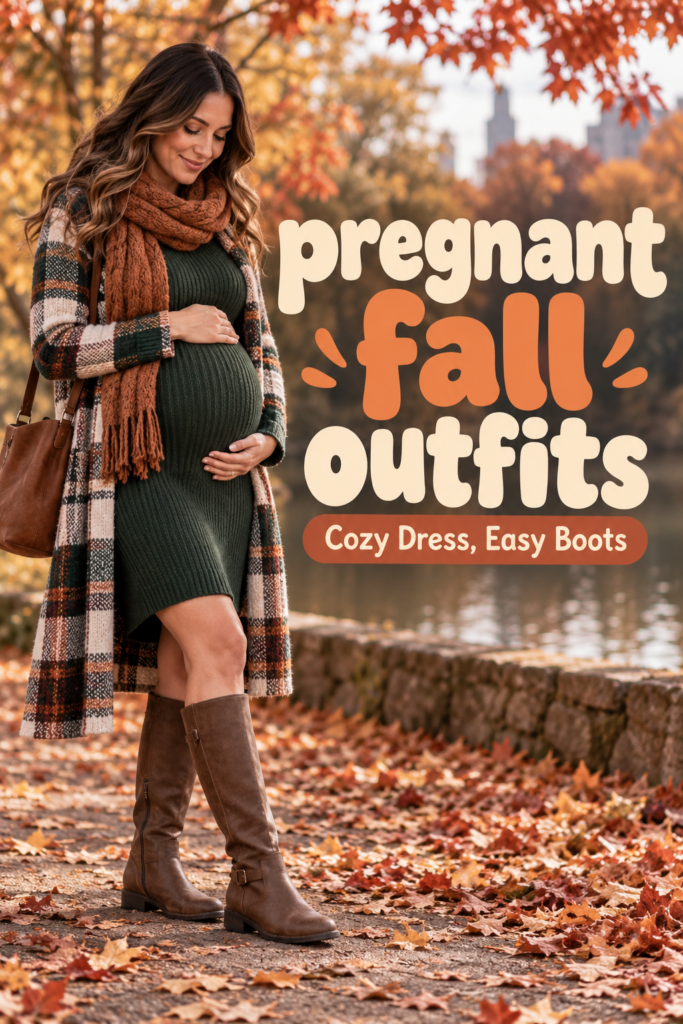 Pregnant fall outfit with a forest-green sweater dress, plaid cardigan, scarf and knee-high boots