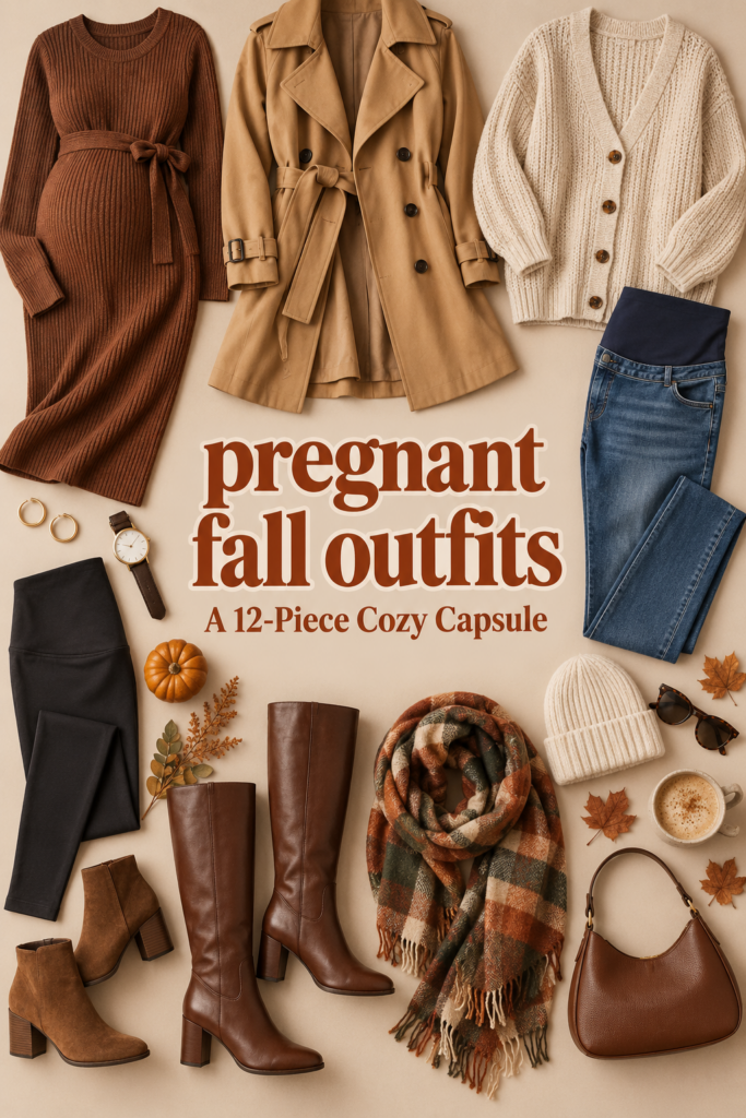 Fall maternity capsule flat lay with a sweater dress, trench coat, cardigan, jeans, boots and scarf