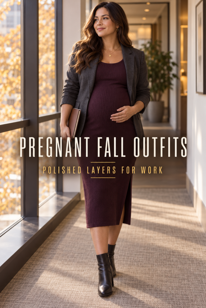 Pregnant work outfit with a plum knit dress, tailored blazer and comfortable ankle boots
