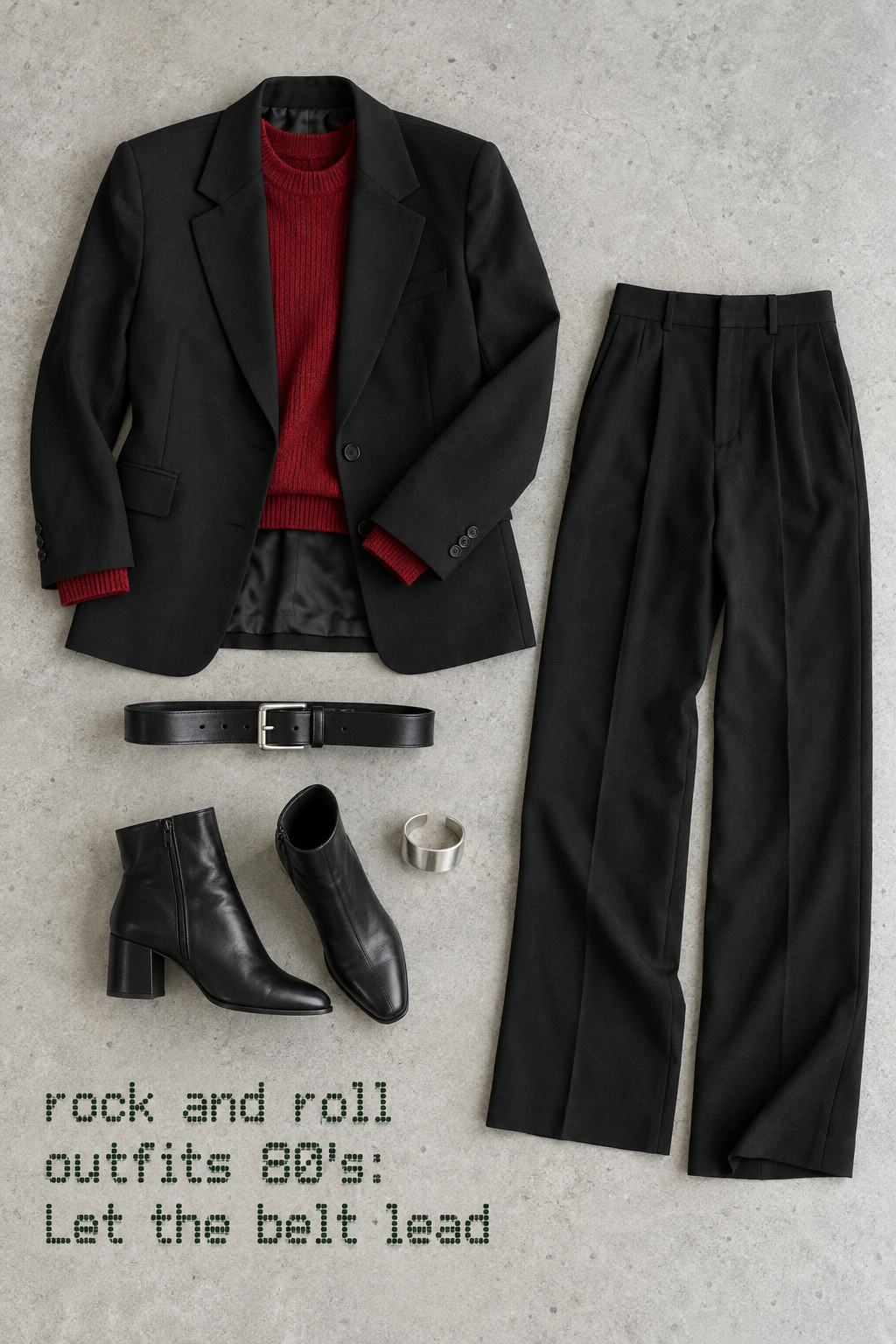 rock and roll outfits 80's flat lay with black blazer, red knit, belt, trousers and ankle boots