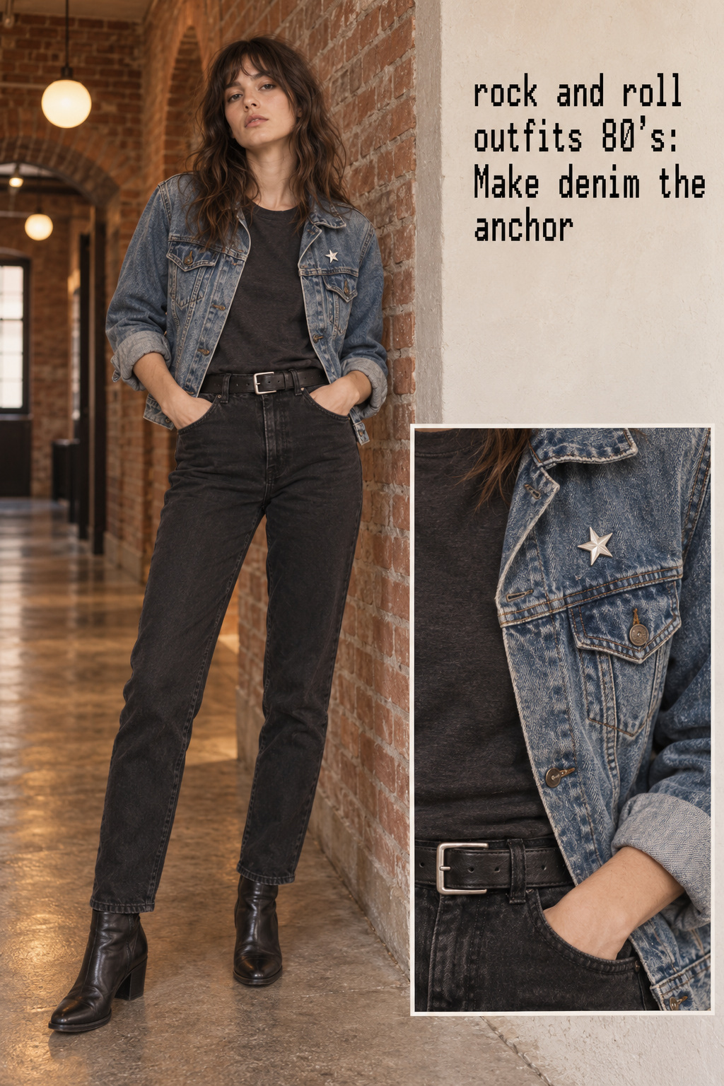 rock and roll outfits 80's denim jacket outfit with close-up inset of silver pin, cuff and belt