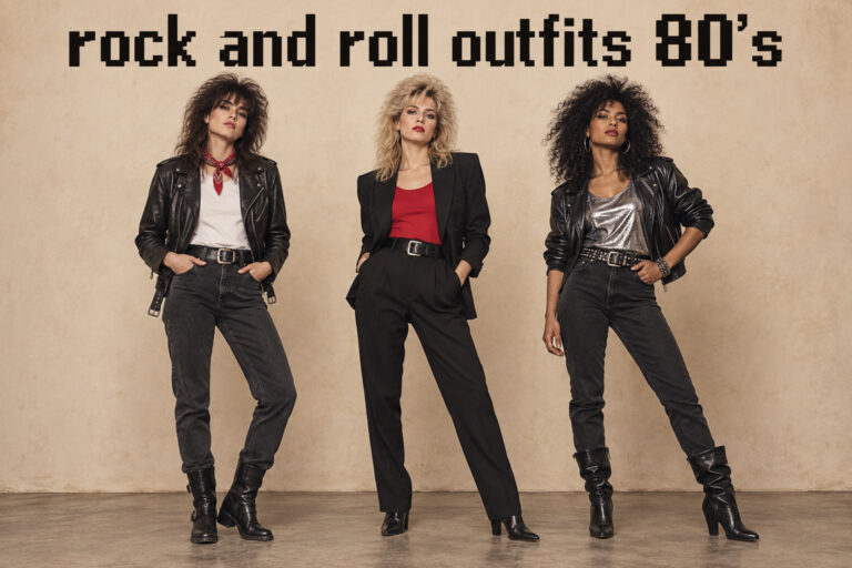 rock and roll outfits 80's inspiration with three women in black jackets, denim, red and silver accents